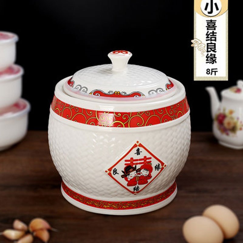 陶瓷米缸储物罐储米箱防潮防虫装米桶密封罐8斤15斤25斤多色多款多功能时尚创意生活日用收纳_7_9 喜结良缘（8斤）