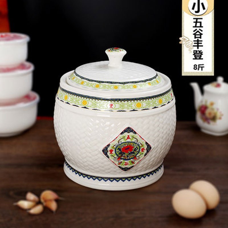 陶瓷米缸储物罐储米箱防潮防虫装米桶密封罐8斤15斤25斤多色多款多功能时尚创意生活日用收纳_7_9 五谷丰登（8斤）