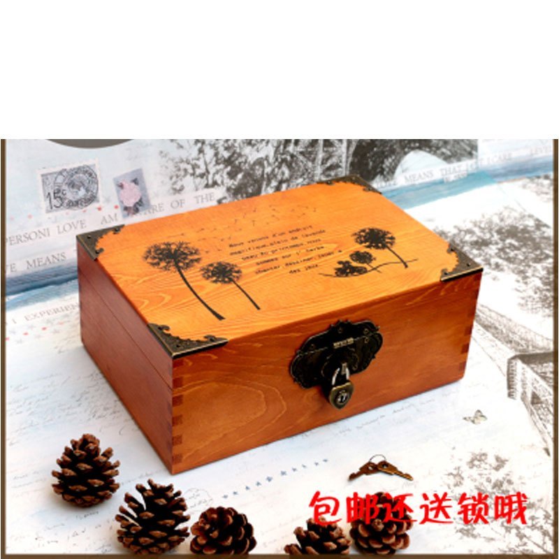 DIY实木质复古化妆品收纳盒带锁桌面首饰收纳盒子杂物小箱子多色多款多功能生活日用收纳用品时_9 中号蒲公英