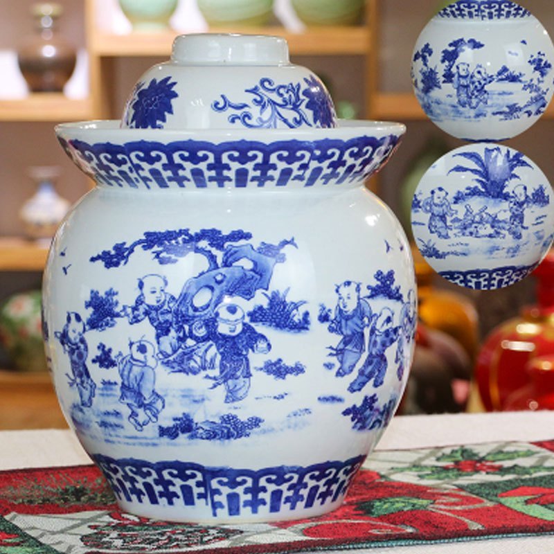 泡菜坛子家用加厚非玻璃泡菜坛四川腌菜储物清仓大号密封罐酵素桶多色多款多功能生活日用收纳用品_9 青花百子图大号