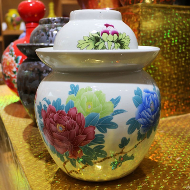 泡菜坛子家用加厚非玻璃泡菜坛四川腌菜储物清仓大号密封罐酵素桶多色多款多功能生活日用收纳用品_9 五彩芍药中号