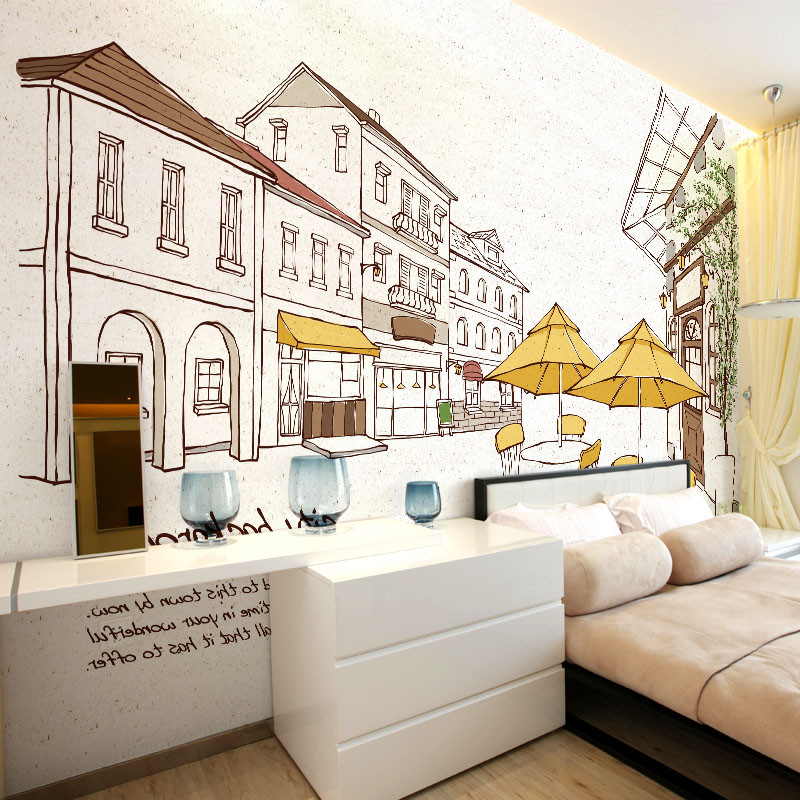 现代大型壁画3D立体个性街景壁纸布餐厅电视背景墙纸城市酒吧手绘_9 厂家直销可以定做任何图婚纱照