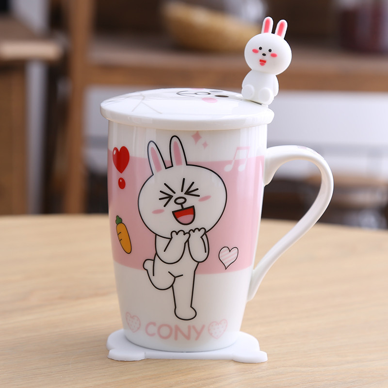 创意陶瓷杯子马克杯情侣水杯咖啡杯牛奶杯儿童卡通杯早餐杯带盖勺生活日用水具水壶带盖冷水壶水具_9_9 兔子D款（配公仔勺）