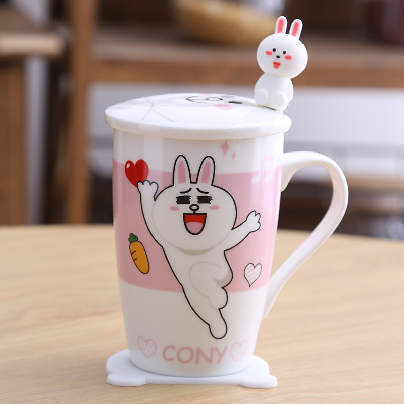 创意陶瓷杯子马克杯情侣水杯咖啡杯牛奶杯儿童卡通杯早餐杯带盖勺生活日用水具水壶带盖冷水壶水具_9_9_2 兔子B款（配公仔勺）