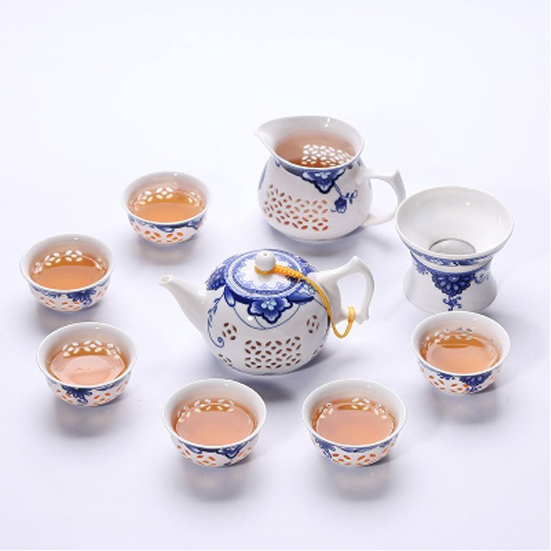 玲珑茶具套装镂空陶瓷功夫茶具整套蜂窝青花瓷茶杯多色多款生活日用家庭清洁生活日用家居器皿水_7 10头玲珑之韵茶壶