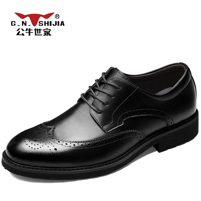 公牛世家(G.N.Shi Jia) 时尚男鞋冬季皮鞋英伦风布洛克潮鞋男士商务休闲鞋正装鞋百搭商务鞋 男 黑色 38码