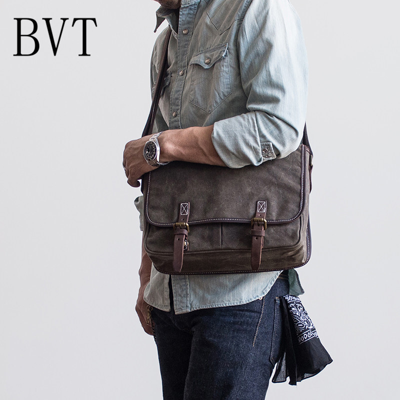 BVT做旧帆布男士单肩包青年文艺英伦剑桥包复古斜跨工装邮差包灰绿 默认颜色