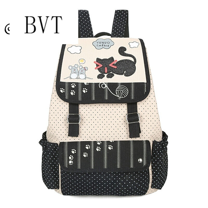 BVT书包女新款中学生书包双肩包女帆布初中生学生书包学院风背包女 黑色
