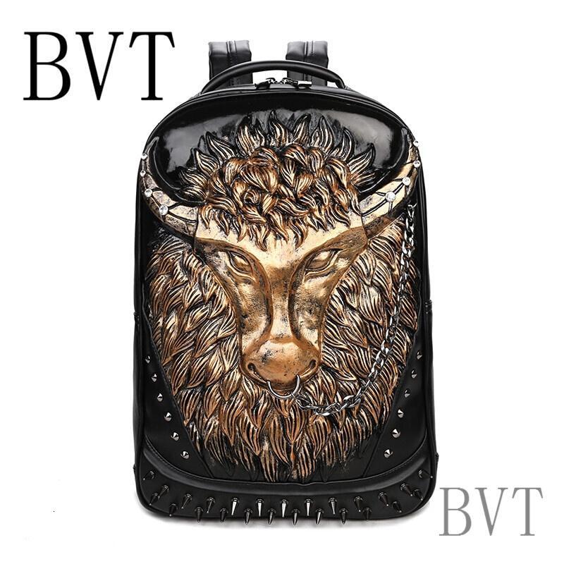 BVT铆钉个性双肩包男士大背包女学生书包狮子时尚胸包版潮流旅行包_4 金色