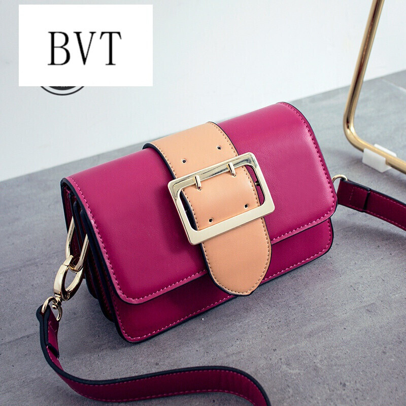 BVT斜挎包女新款韩版斜挎小包唐嫣同款时尚潮流女包时尚单肩包撞色 玫瑰红色