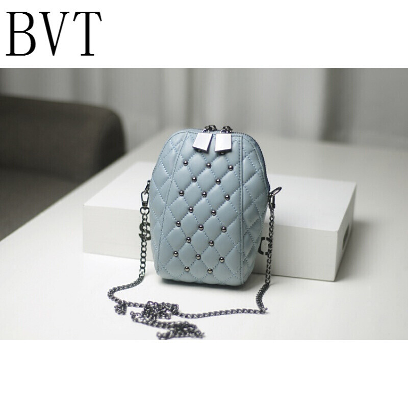 BVT手机小包包女mini迷你零钱包新款单肩斜挎包链条包真皮贝壳包 浅蓝色