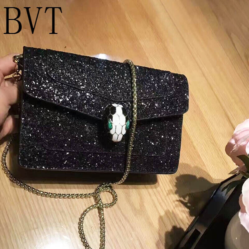 BVT欧美珐琅蛇头包迷你包复古亮片小方包链条小包单肩斜挎包 黑色