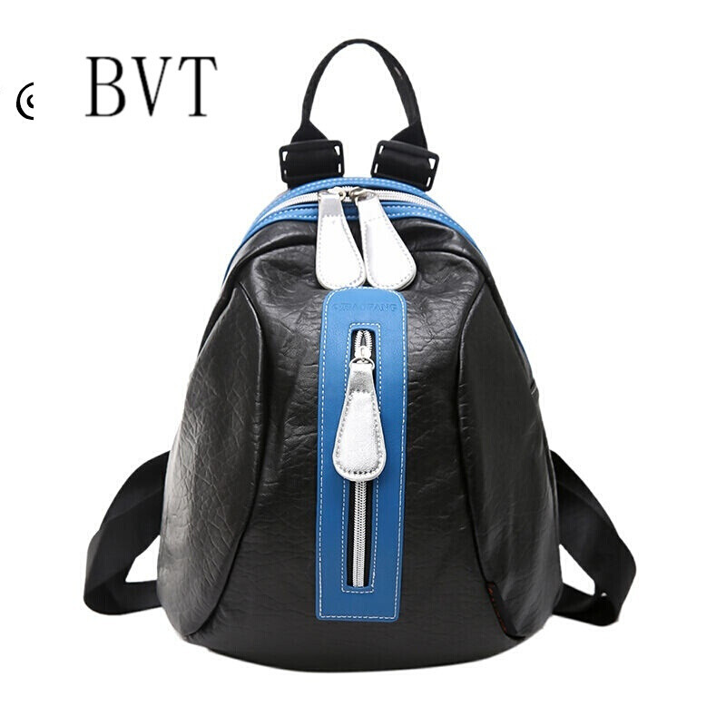 BVT韩版女包新款双肩包女百搭学院风中学生书包贝壳撞色背包旅行背包 蓝色
