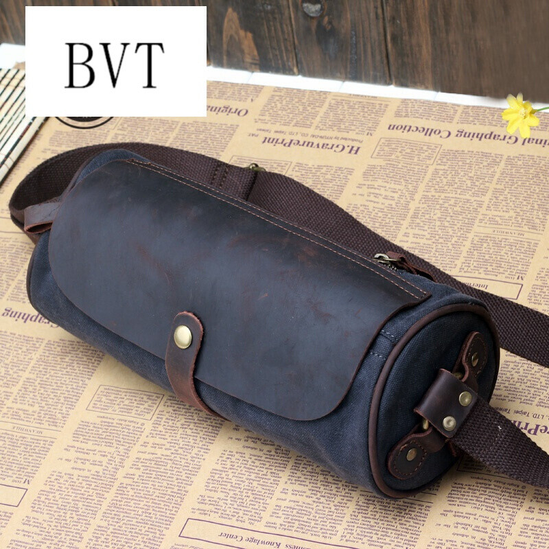 BVT斜挎包原创帆布包男圆筒包休闲斜挎复古单肩包小圆桶个性潮 深灰色