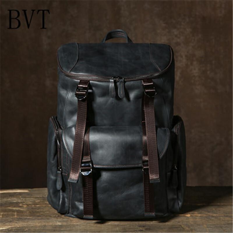 BVT原创真皮手工男包复古双肩包疯马皮出差旅行大包怀旧男士背包电脑背包_5 复古蓝