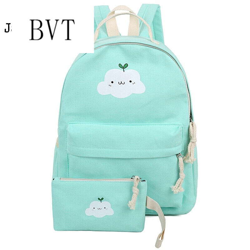 BVT日韩学院风小学生书包女韩版双肩包潮流旅行两件套帆布背包女 薄荷绿色