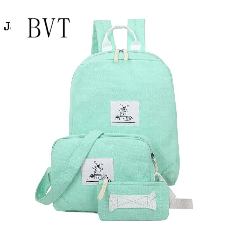 BVT学生书包女新款简约三件套小学生书包休闲帆布背包女学院风纯色双肩包女 绿色
