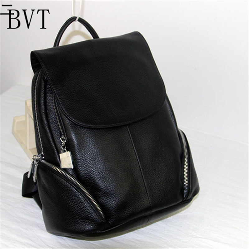 BVT真皮双肩包女式休闲包头层牛皮双肩背包时尚流苏包包翻盖双拉链袋双肩包 B款黑色