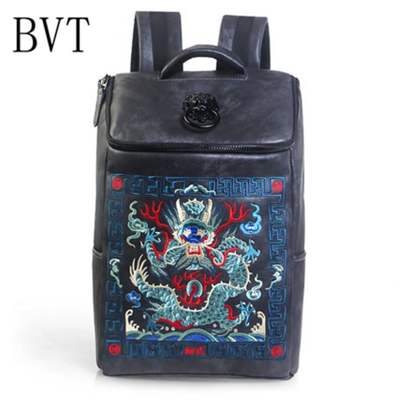 BVT软皮双肩包中国风复古狮子头仙鹤祥云官服刺绣双肩包大容量旅行背包_8 蓝龙