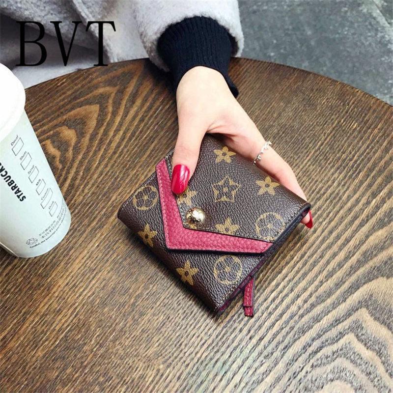 BVT四季简约时尚小钱包女短款薄新款百搭印花多功能三折零钱夹潮_0 酒红色