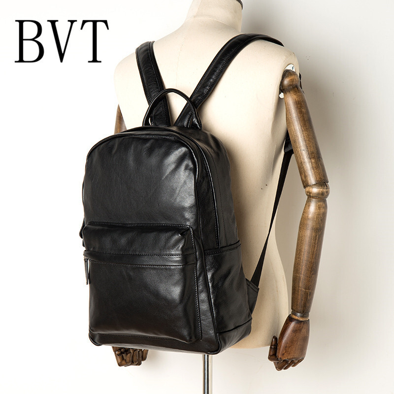 BVT真皮商务休闲背包牛皮双肩包时尚旅行电脑背包男女学生大容量书包黑色 默认颜色