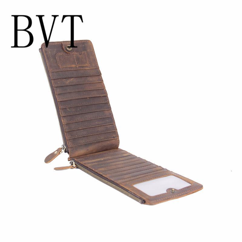 BVT新款真皮男士钱包复古个性疯马皮长款多卡位手拿包头层牛皮手机包_1 深棕色