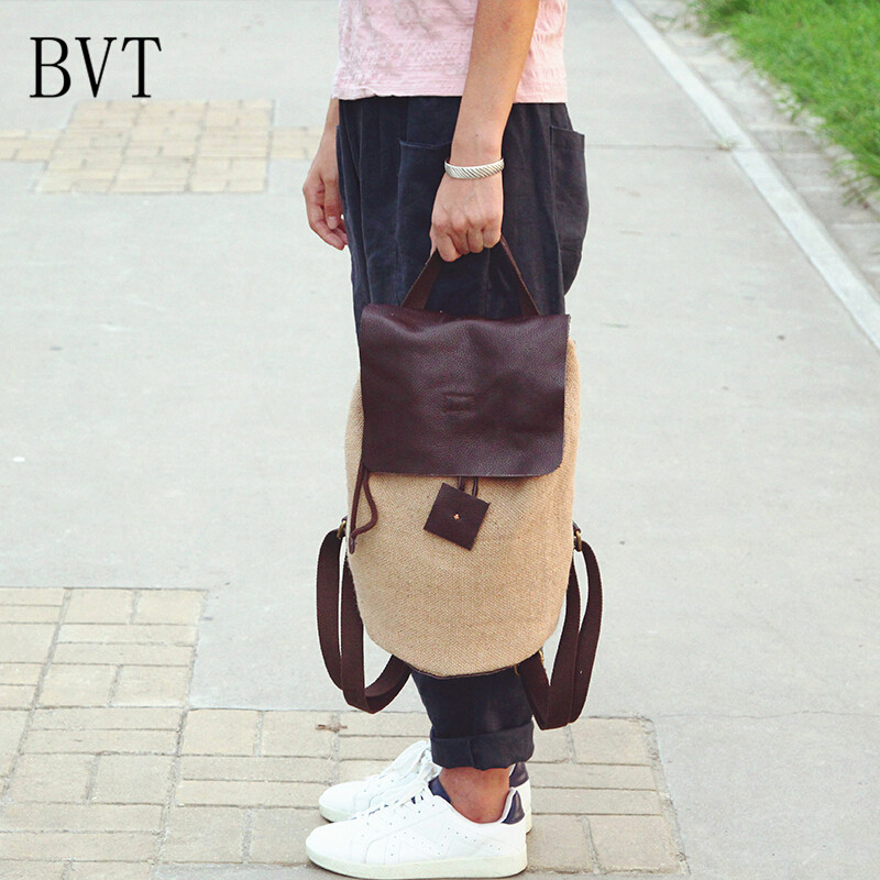 BVT棉麻布包女双肩背包文艺清晰帆布包百搭复古布包纯色校园风格 麻本色