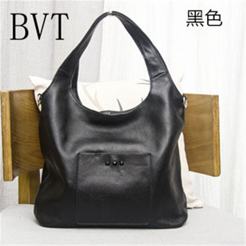 BVT新款大容量手提包包单肩包真皮简约新月包女士斜挎包大包软皮牛皮包包 黑色