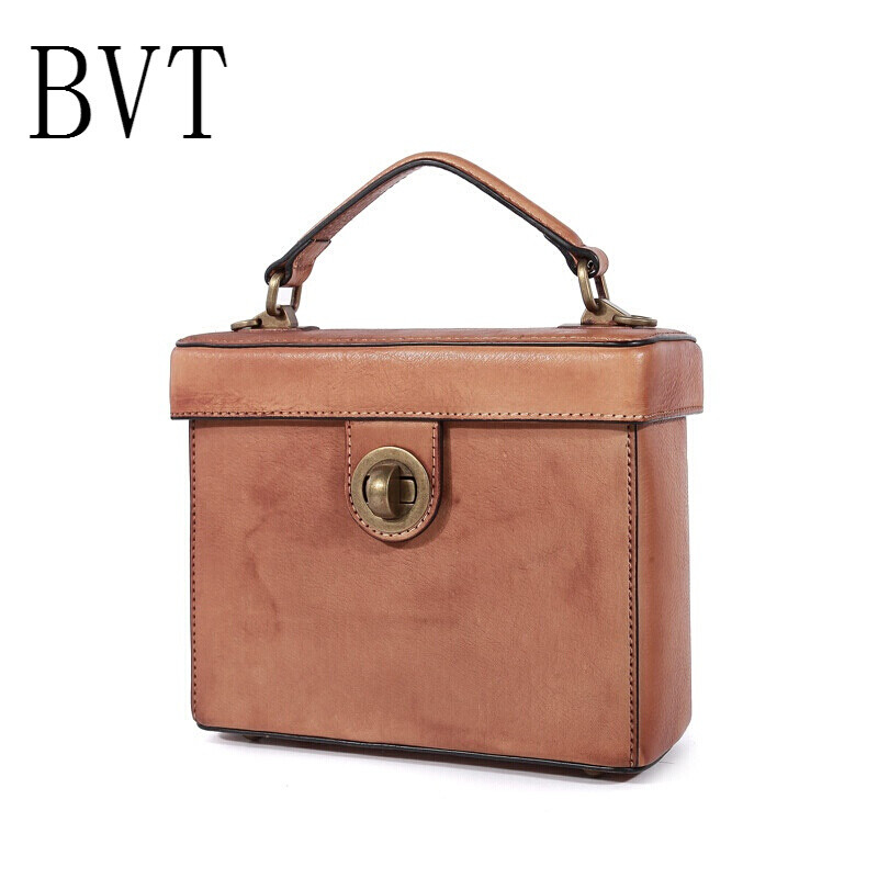 BVT原创手工复古小方包个性迷你小包包女手提包真皮韩版百搭锁扣潮 棕色