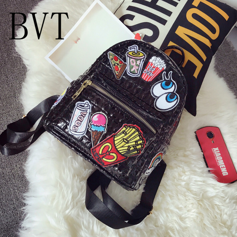 BVT双肩包时尚女背包韩版个性软牛皮小包百搭拼接刺绣书包旅行包 黑色
