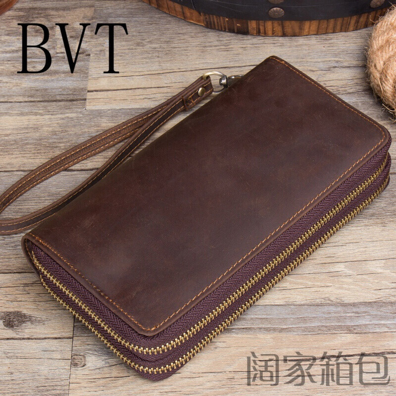 BVT疯马皮复古手工钱包真皮男拉链手拿包欧洲站软牛皮多卡位钱包棕色 默认颜色