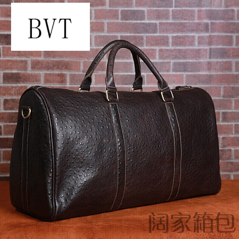 BVT复古男士手提包疯马皮行李袋大容量单肩牛皮旅行包短途出差手提包 深棕色鸵鸟纹