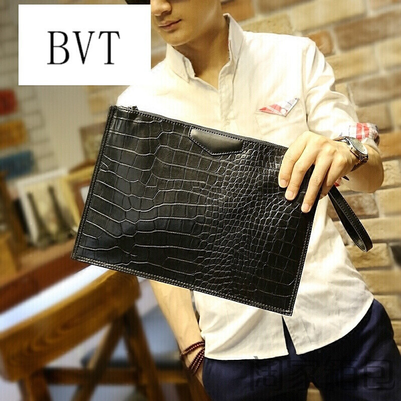 BVT信封包文件包手拿包男士单肩斜跨包手抓包鳄鱼纹手包黑色 默认颜色