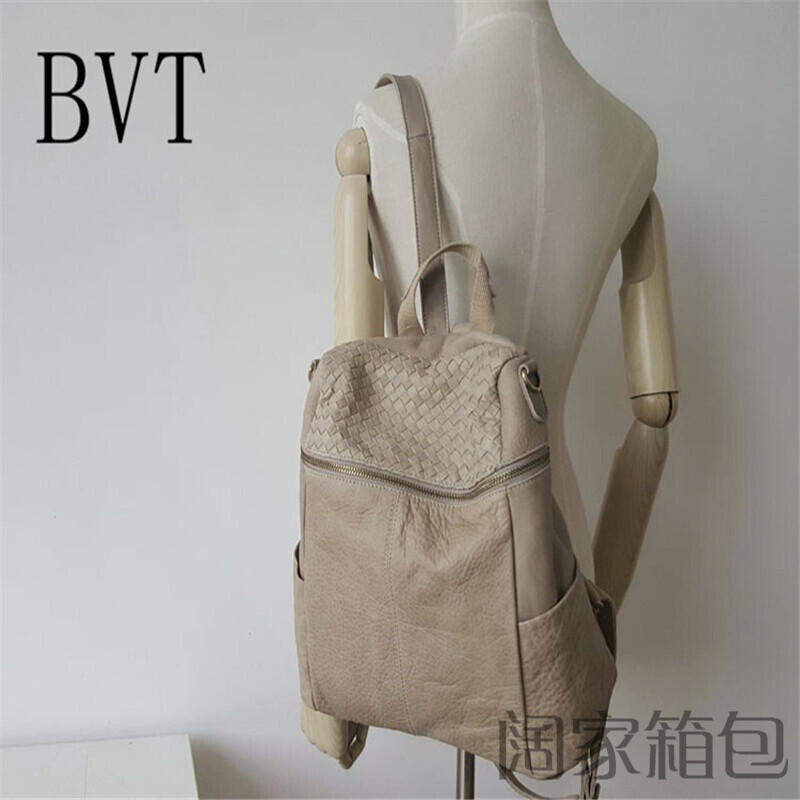 BVT双肩包复古学院风书包原创牛皮女编织背包气质休闲女包 杏灰