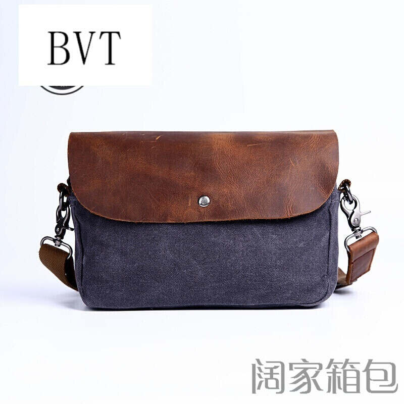 BVT斜挎包原创复古帆布配牛皮小包休闲简约时尚男士单肩包斜挎包男包 灰色