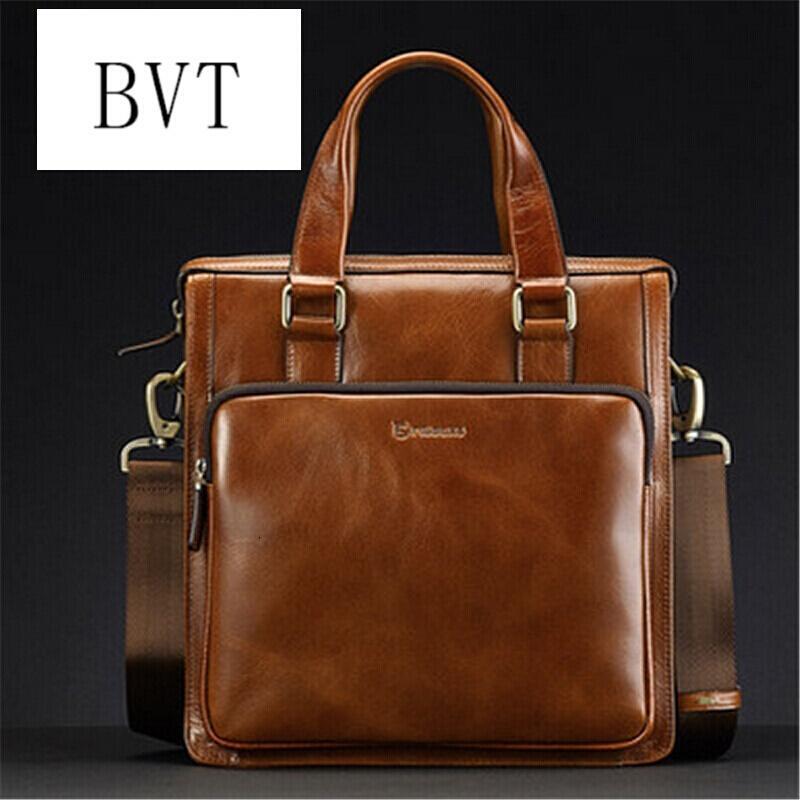 BVT品牌男士真皮手提包商务牛皮单肩斜挎包公文包休闲男皮包 棕色