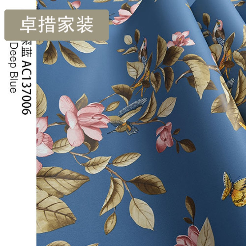 复古地中海美式乡村田园花无纺布墙纸卧室客厅沙电视背景墙壁纸 哑光深蓝AC137006