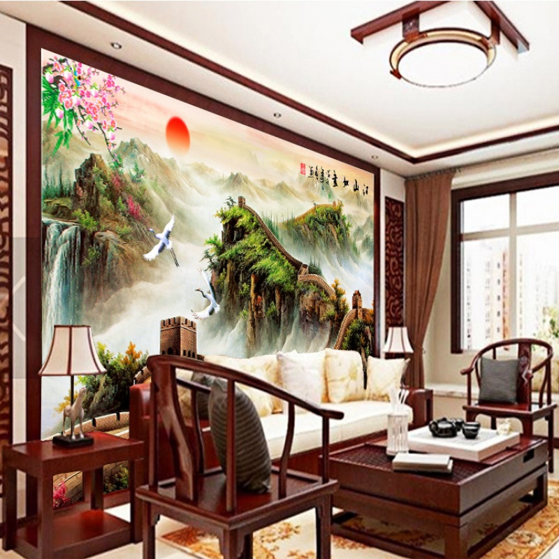 现代中式3d立体电视背景墙纸客厅大堂装饰大型壁画墙布里长城_4_1 高档进口油画布（整幅）