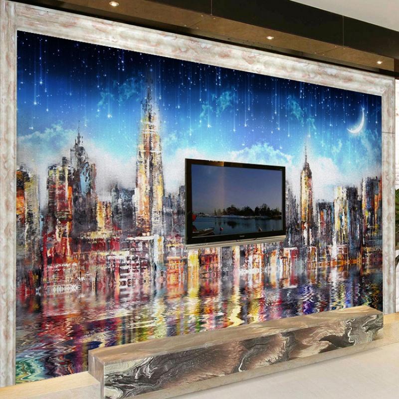现代城市夜景星空倒影油画电视背景墙壁纸舒适客厅沙大型_7 高档无缝无纺布（整幅）