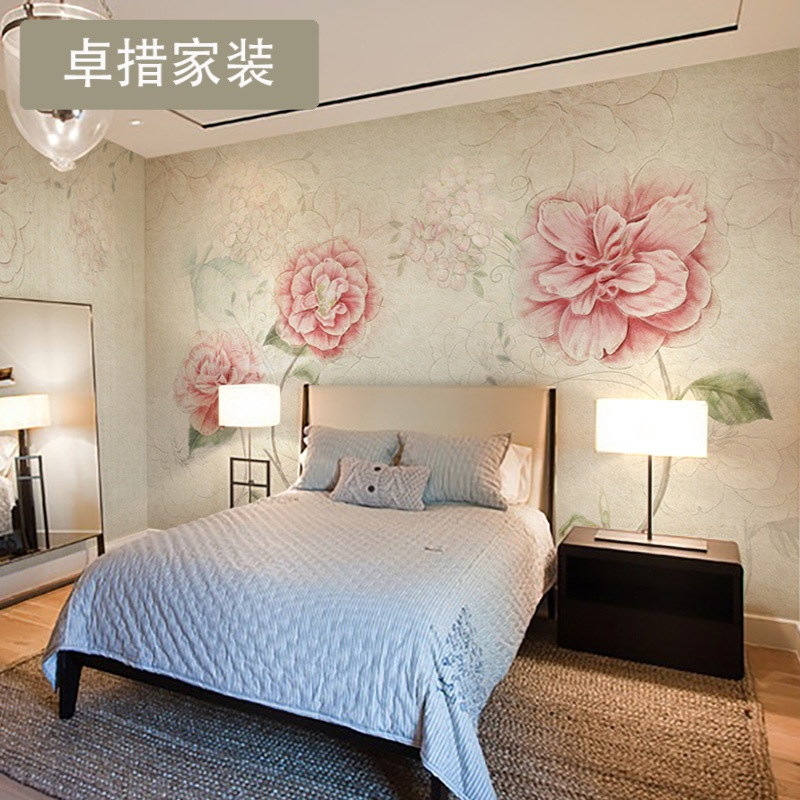 大型壁画卧室温馨田园欧式无纺墙纸美式复古壁纸山茶花谱 工程无纺布一平米
