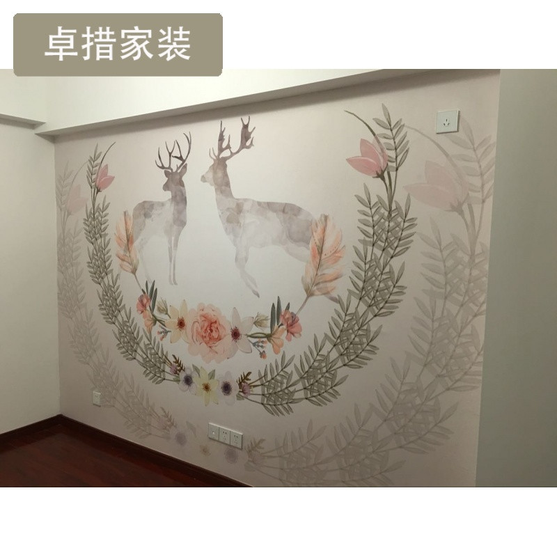 定制北欧定制背景墙客厅复古墙纸壁画卧室电视墙壁画麋鹿花环 无缝真丝布一平米