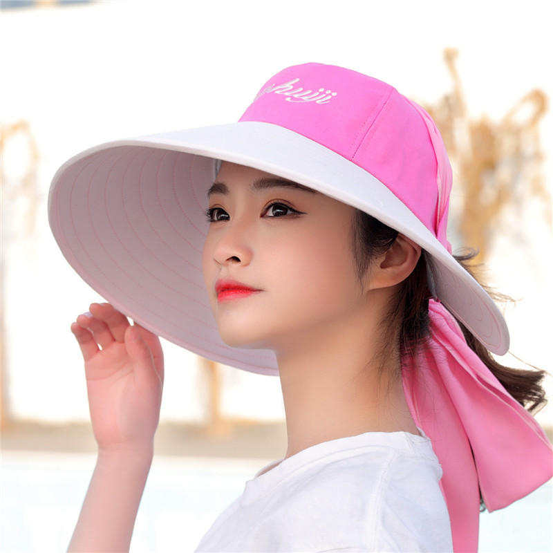 大沿遮阳帽女夏防晒防紫外线遮脸出游百搭户外骑车帽子太阳帽凉帽 白+玫红