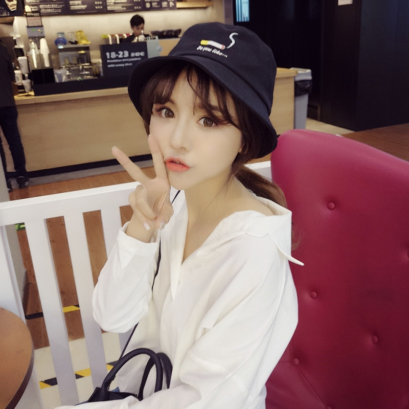 圆帽子女夏天韩版百搭韩国白色潮流文艺学生遮阳帽盆帽夏季渔夫帽 黑色
