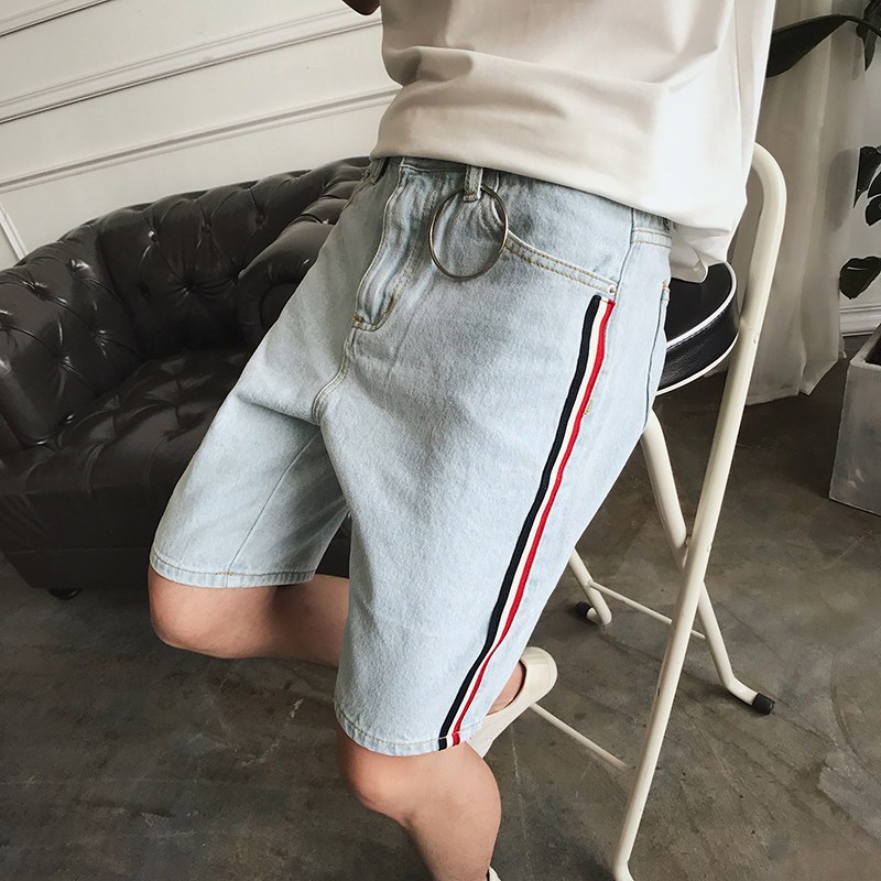 5分裤男牛仔裤男士短裤修身韩版潮流夏季条纹五分男裤子直筒薄款 2XL 浅蓝色