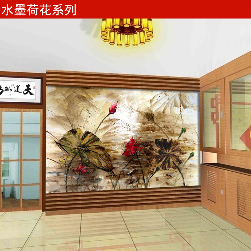 无缝定制壁画3D立体电视背景墙纸客厅卧室壁纸中式国画荷花酒店 无缝油画布（整张/平方）