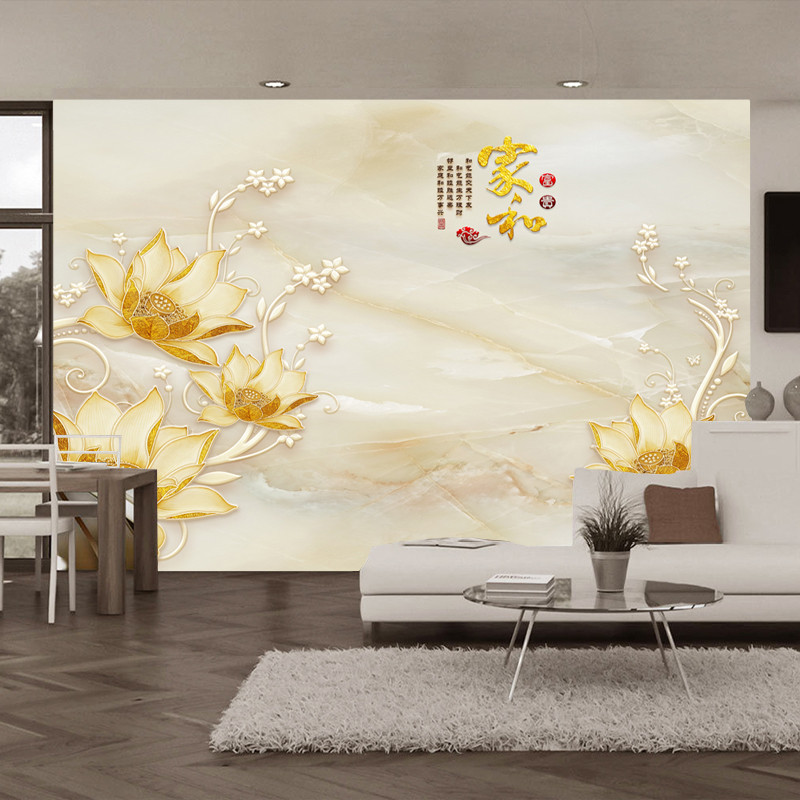 无缝中式3d定制壁画客厅沙电视背景墙5d大理石荷荷花墙纸壁布 无缝无纺布（整张）