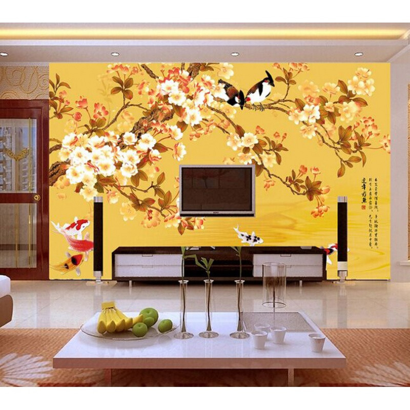 无缝大型壁画电视卧室高清背景墙纸立体影视墙壁纸中式复古花鸟图 5D凹凸真丝布（整张/平方）