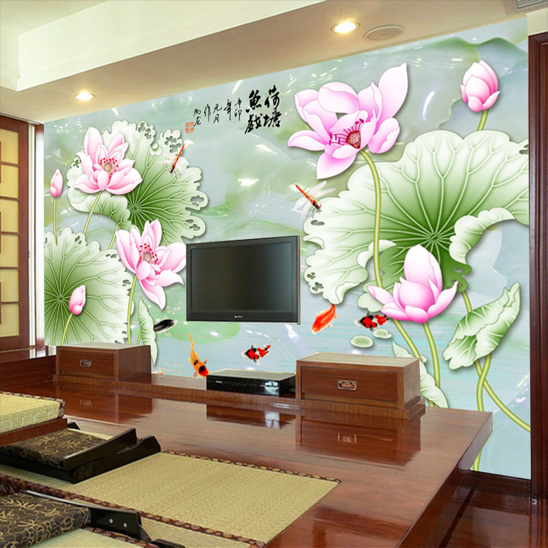 无缝中式定制壁画卧室电视背景墙纸壁纸3D简约家和玉雕荷花5d墙布 5D凹凸真丝布（整张/平方）