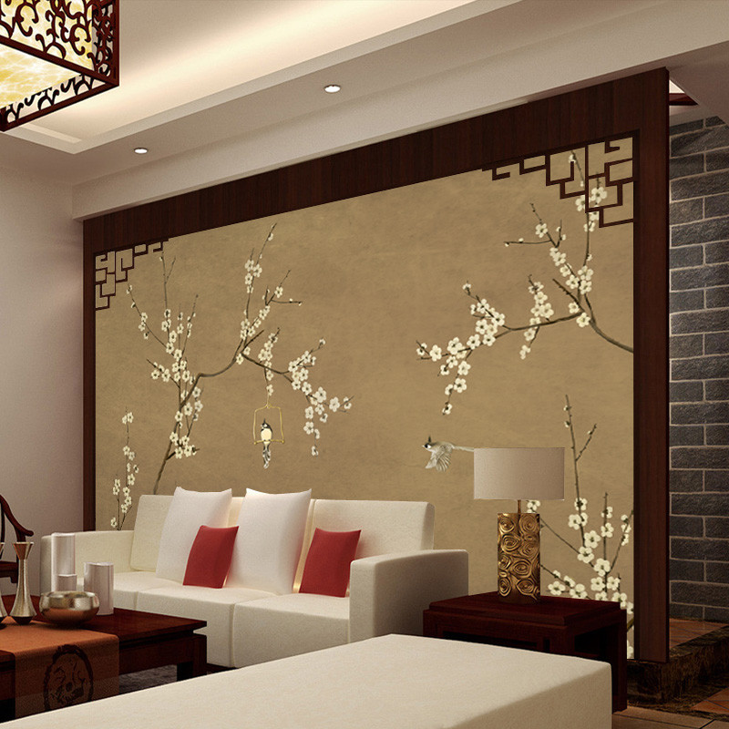 中式复古高清手绘工笔花鸟3D电视背景墙客厅沙卧室壁纸墙纸壁画 5D凹凸真丝布（整张）
