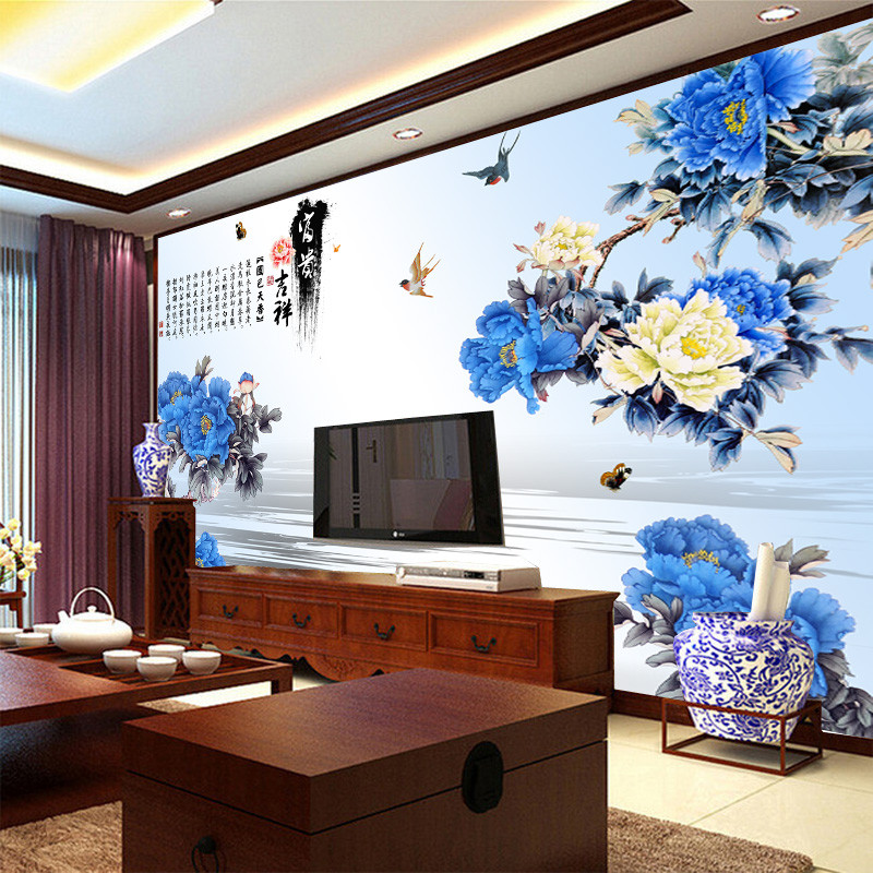 无缝3D中式大型壁画壁纸客厅卧室沙背景电视背景墙青花牡丹墙纸 无缝无纺布（整张/平方）
